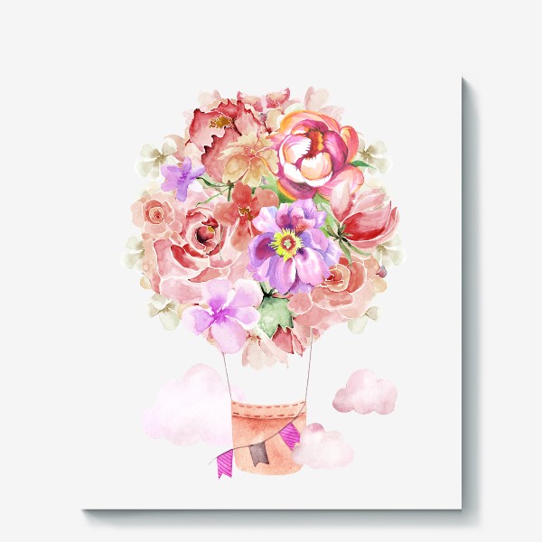 Холст «Цветочный воздушный шар, нежный пастельный букет из розовых и персиковых цветов розы и пиона»
