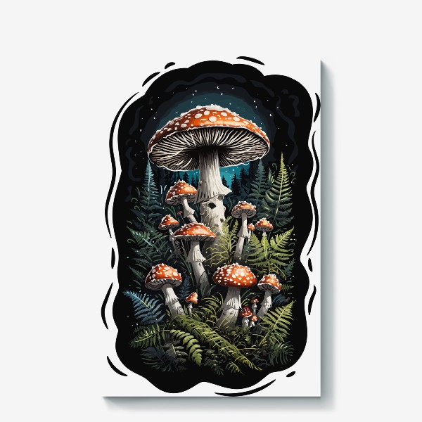 Холст «Красивые мистические волшебные грибы мухоморы в ночном лесу, темный загадочный грибной принт»