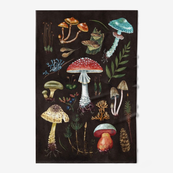 Полотенце &laquo;Лесные сокровища. Разные красивые лесные грибы, лето, осень, несъедобные и ядовитые, мухомор, мох, папоротник, природа&raquo;