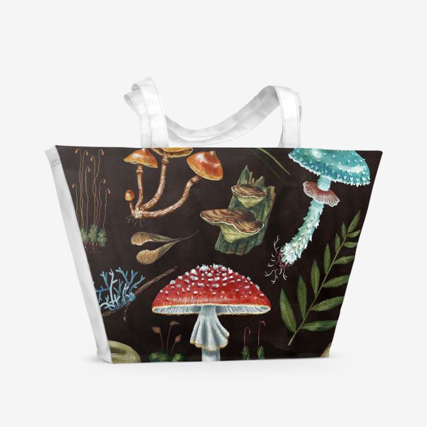 Пляжная сумка «Лесные сокровища. Разные красивые лесные грибы, лето, осень, несъедобные и ядовитые, мухомор, мох, папоротник, природа»