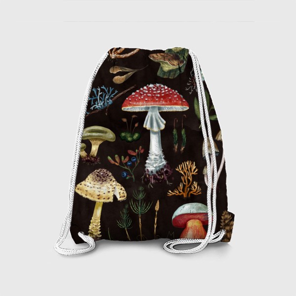 Рюкзак «Лесные сокровища. Разные красивые лесные грибы, лето, осень, несъедобные и ядовитые, мухомор, мох, папоротник, природа»