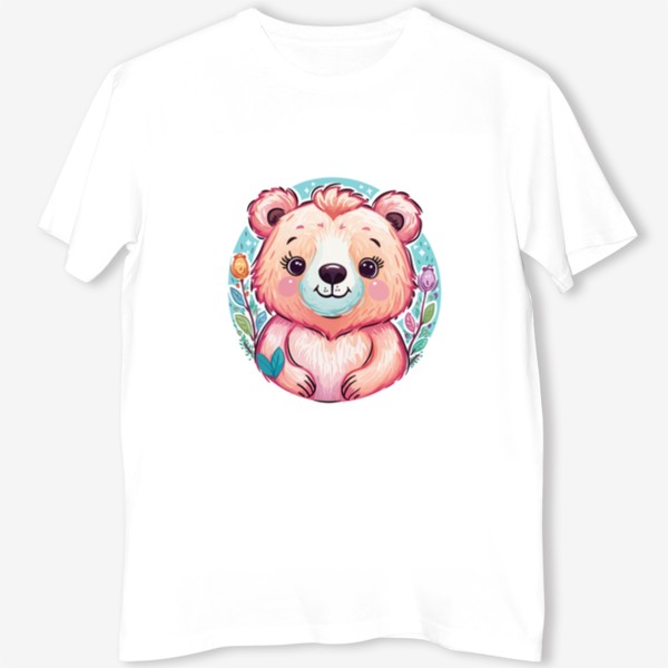 Футболка «Забавный розовый медвежонок с цветами, милый мишка медведь, принт для ребенка, для девочки, аниме кавай медведь»