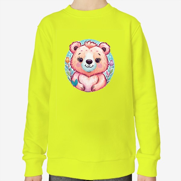 Свитшот «Забавный розовый медвежонок с цветами, милый мишка медведь, принт для ребенка, для девочки, аниме кавай медведь»