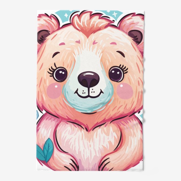 Полотенце «Забавный розовый медвежонок с цветами, милый мишка медведь, принт для ребенка, для девочки, аниме кавай медведь»