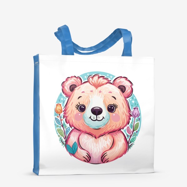 Сумка-шоппер «Забавный розовый медвежонок с цветами, милый мишка медведь, принт для ребенка, для девочки, аниме кавай медведь»
