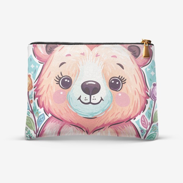 Косметичка «Забавный розовый медвежонок с цветами, милый мишка медведь, принт для ребенка, для девочки, аниме кавай медведь»