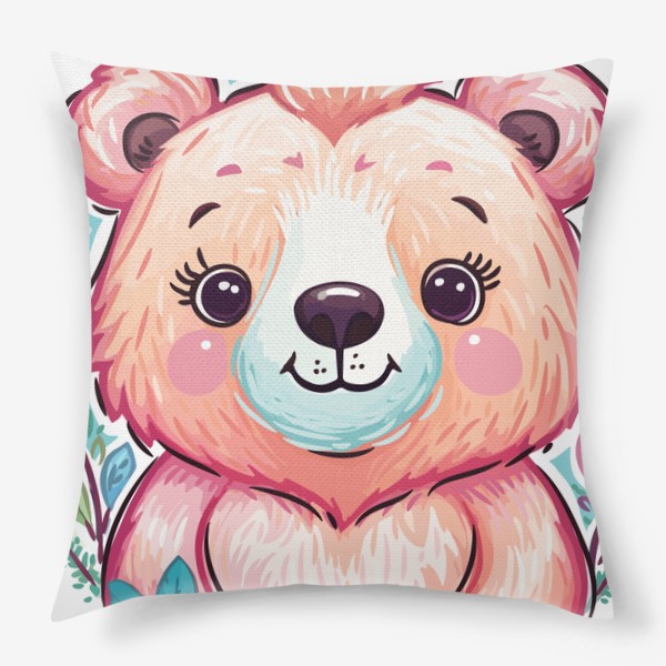 Подушка «Забавный розовый медвежонок с цветами, милый мишка медведь, принт для ребенка, для девочки, аниме кавай медведь»