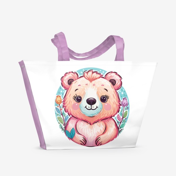 Пляжная сумка «Забавный розовый медвежонок с цветами, милый мишка медведь, принт для ребенка, для девочки, аниме кавай медведь»