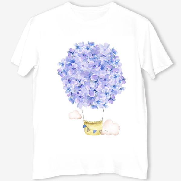 Футболка «Красивый акварельный воздушный шар из цветов сиреневой гортензии, фиолетовый букет, голубые цветочки, небо и облака»
