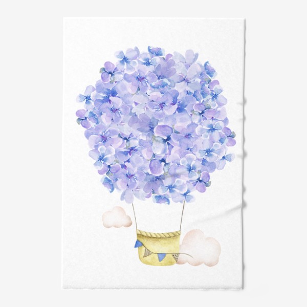 Полотенце «Красивый акварельный воздушный шар из цветов сиреневой гортензии, фиолетовый букет, голубые цветочки, небо и облака»