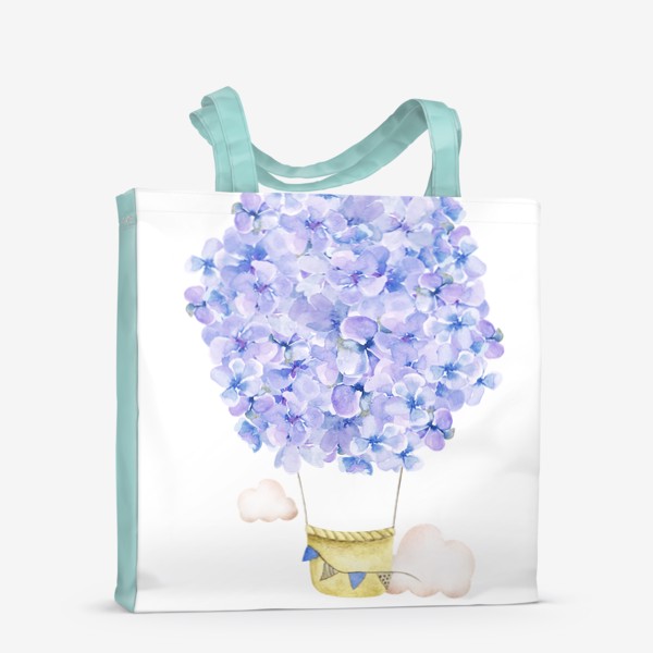 Сумка-шоппер «Красивый акварельный воздушный шар из цветов сиреневой гортензии, фиолетовый букет, голубые цветочки, небо и облака»