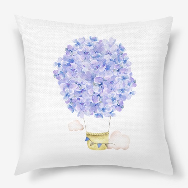 Подушка &laquo;Красивый акварельный воздушный шар из цветов сиреневой гортензии, фиолетовый букет, голубые цветочки, небо и облака&raquo;