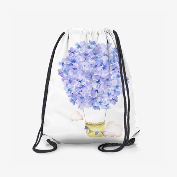 Рюкзак &laquo;Красивый акварельный воздушный шар из цветов сиреневой гортензии, фиолетовый букет, голубые цветочки, небо и облака&raquo;