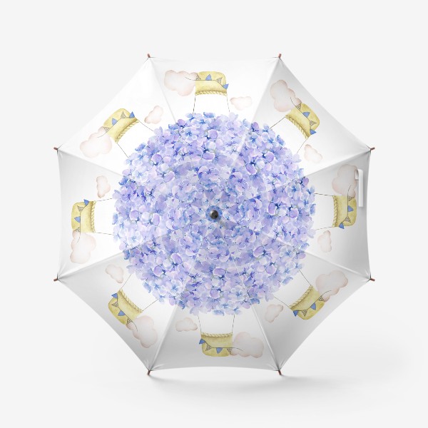 Зонт «Красивый акварельный воздушный шар из цветов сиреневой гортензии, фиолетовый букет, голубые цветочки, небо и облака»
