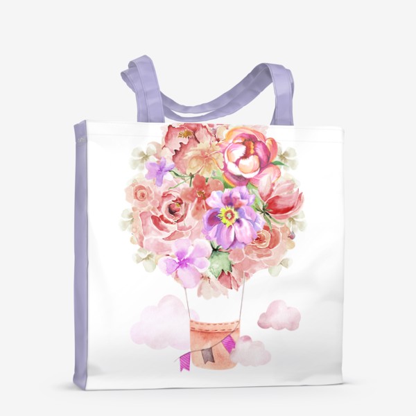 Сумка-шоппер «Цветочный воздушный шар, нежный пастельный букет из розовых и персиковых цветов розы и пиона»