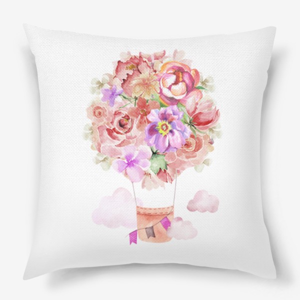 Подушка &laquo;Цветочный воздушный шар, нежный пастельный букет из розовых и персиковых цветов розы и пиона&raquo;