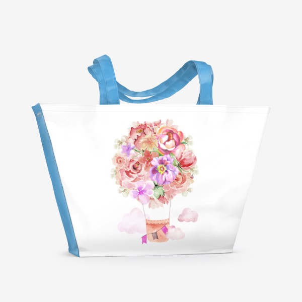 Пляжная сумка «Цветочный воздушный шар, нежный пастельный букет из розовых и персиковых цветов розы и пиона»
