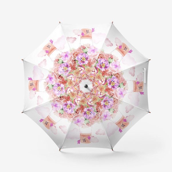 Зонт «Цветочный воздушный шар, нежный пастельный букет из розовых и персиковых цветов розы и пиона»