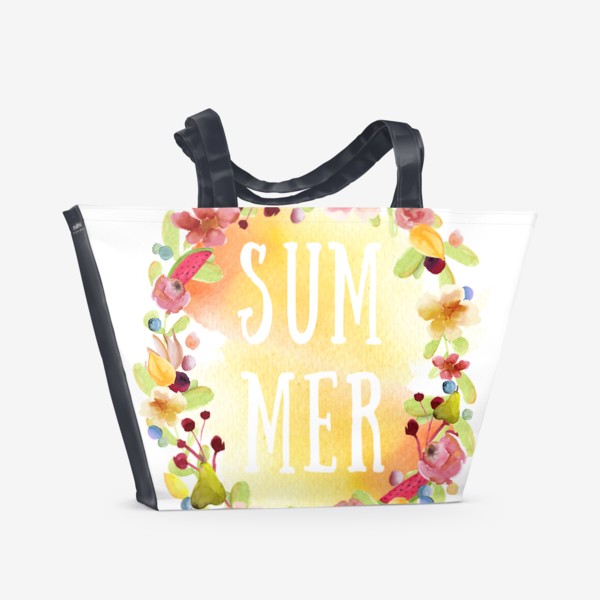 Пляжная сумка «Красивый яркий акварельный веночек из цветов, ягод и фруктов, надпись на английском леттеринг лето (summer)»