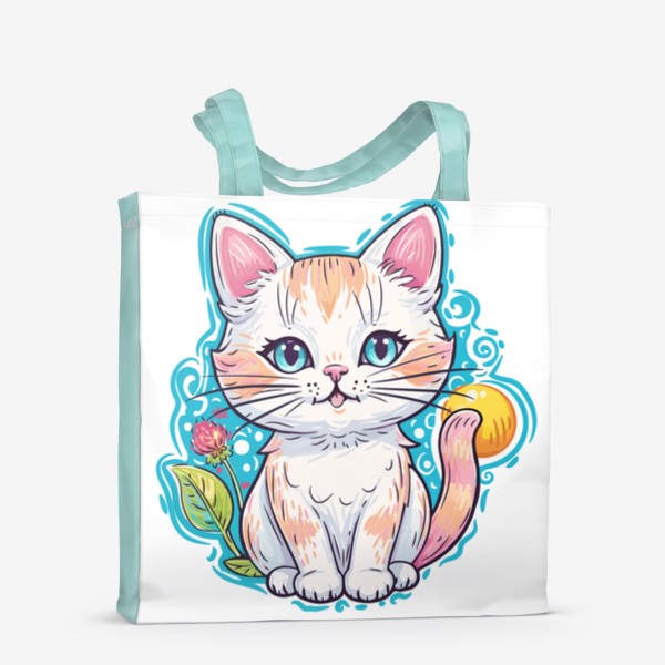 Сумка-шоппер «Милый белый голубоглазый котенок, прикольный аниме мультяшный котик, детский принт с красивой кошечкой»
