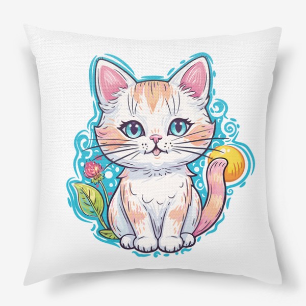 Подушка «Милый белый голубоглазый котенок, прикольный аниме мультяшный котик, детский принт с красивой кошечкой»