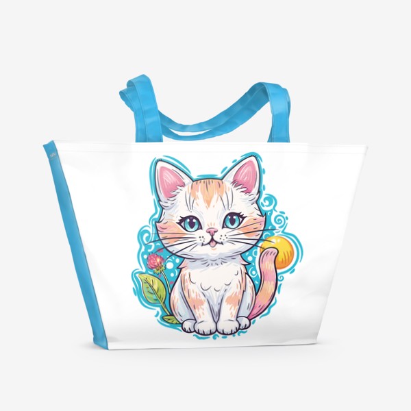 Пляжная сумка «Милый белый голубоглазый котенок, прикольный аниме мультяшный котик, детский принт с красивой кошечкой»