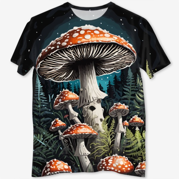 Футболка с полной запечаткой «Красивые мистические волшебные грибы мухоморы в ночном лесу, темный загадочный грибной принт»