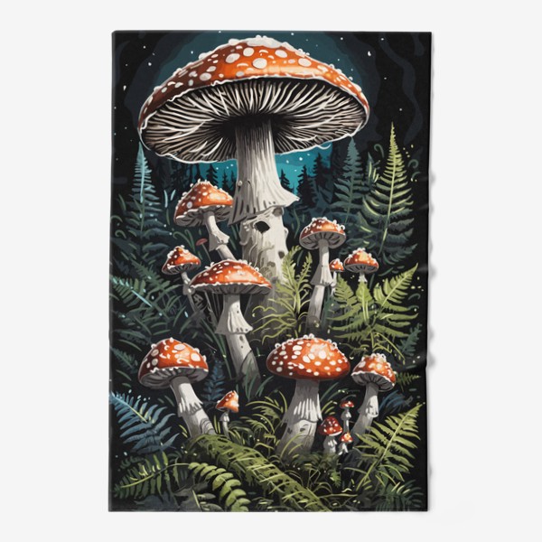 Полотенце «Красивые мистические волшебные грибы мухоморы в ночном лесу, темный загадочный грибной принт»