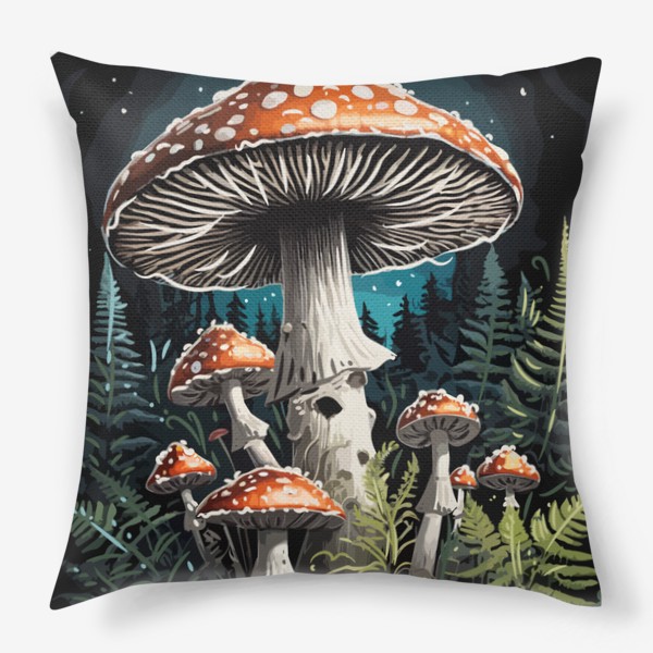 Подушка &laquo;Красивые мистические волшебные грибы мухоморы в ночном лесу, темный загадочный грибной принт&raquo;