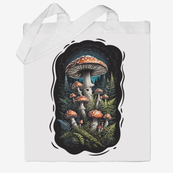 Сумка хб «Красивые мистические волшебные грибы мухоморы в ночном лесу, темный загадочный грибной принт»