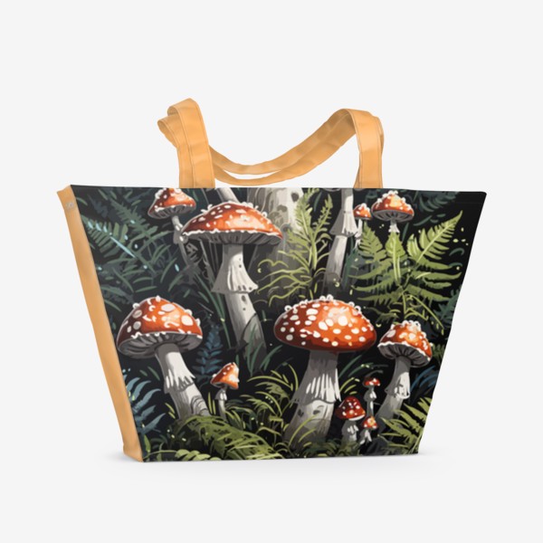 Пляжная сумка «Красивые мистические волшебные грибы мухоморы в ночном лесу, темный загадочный грибной принт»