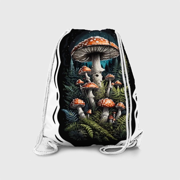 Рюкзак «Красивые мистические волшебные грибы мухоморы в ночном лесу, темный загадочный грибной принт»