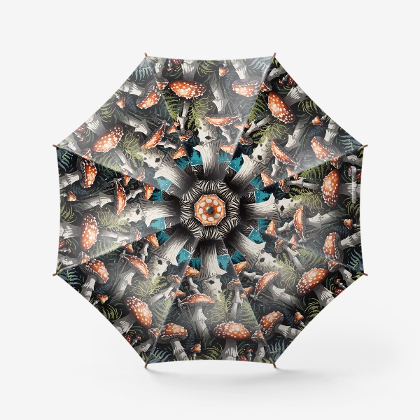 Зонт «Красивые мистические волшебные грибы мухоморы в ночном лесу, темный загадочный грибной принт»