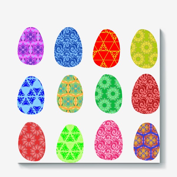 Холст «Яркие красивые крашеные куриные яйца, стильный подарок на празник Пасхи, Песах Пасха, Пасхальные крашенные яйца с узором»