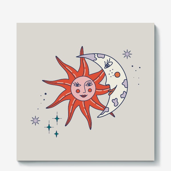 Холст «Солнце и луна. Космические символы в бохо стиле.»