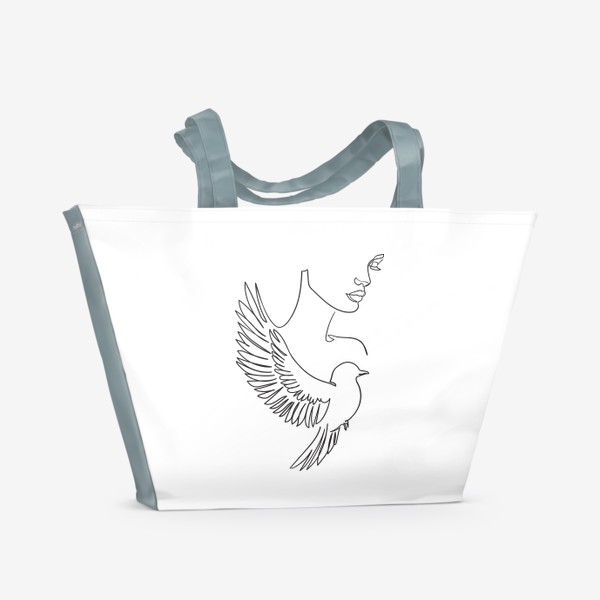 Пляжная сумка «Лицо девушки одной линией с птицей. Минимализм»
