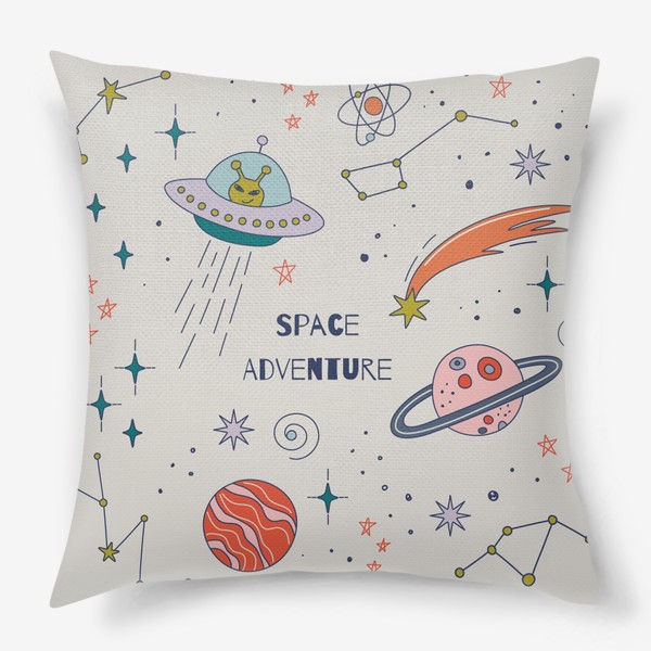 Подушка «Space adventure. Космический принт в дудл стиле.»
