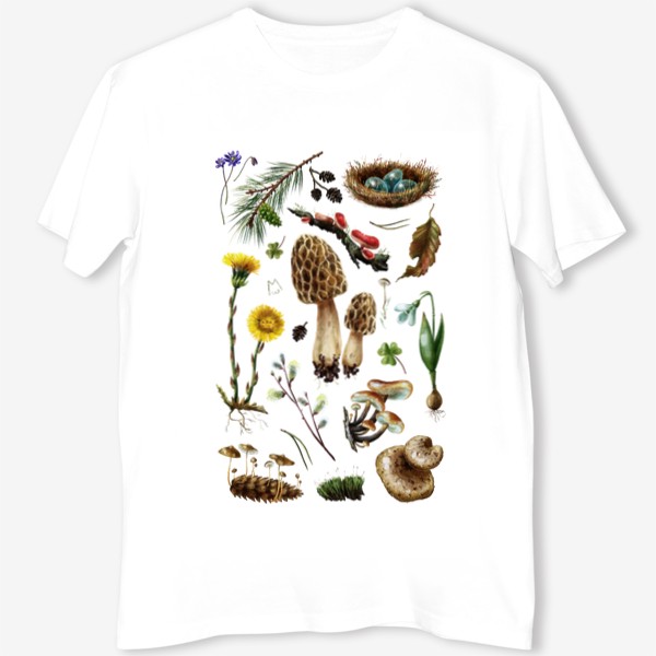 Футболка «Разные лесные грибы, цветы, травы, весенние растения, природа, ботаническая иллюстрация, гербарий, растительный принт»