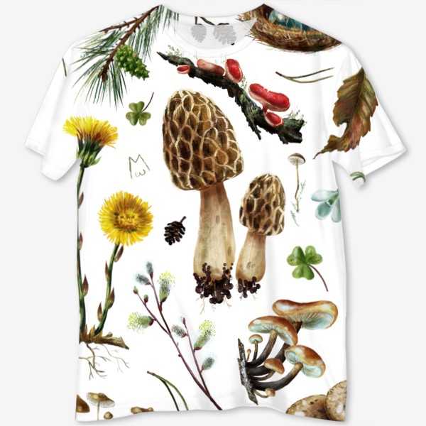 Футболка с полной запечаткой «Разные лесные грибы, цветы, травы, весенние растения, природа, ботаническая иллюстрация, гербарий, растительный принт»