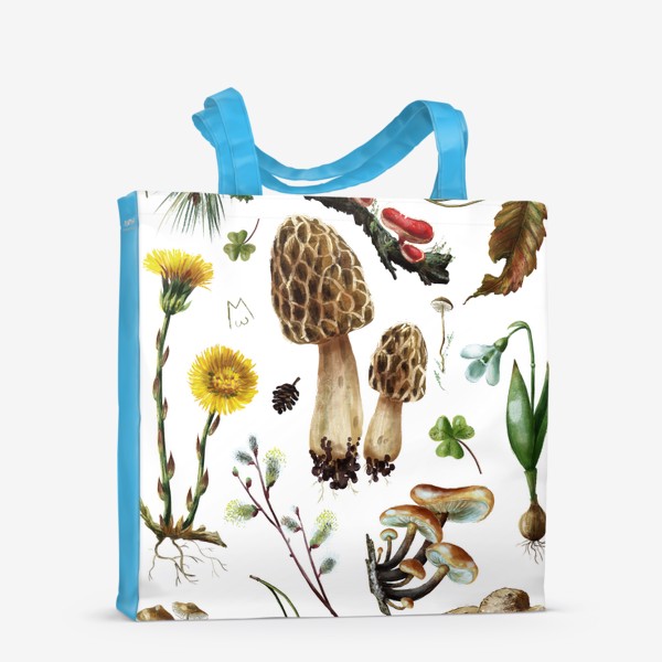 Сумка-шоппер «Разные лесные грибы, цветы, травы, весенние растения, природа, ботаническая иллюстрация, гербарий, растительный принт»