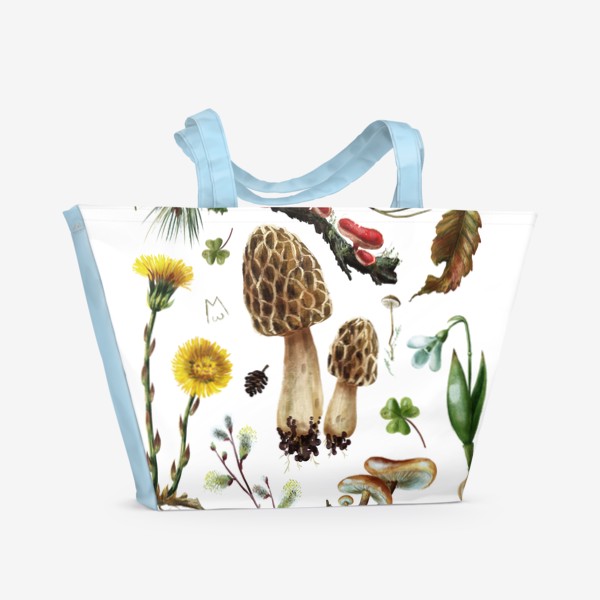 Пляжная сумка «Разные лесные грибы, цветы, травы, весенние растения, природа, ботаническая иллюстрация, гербарий, растительный принт»