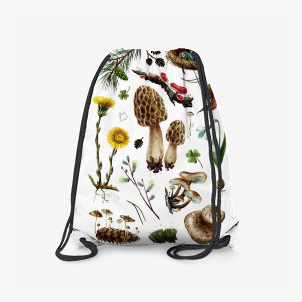 Рюкзак «Разные лесные грибы, цветы, травы, весенние растения, природа, ботаническая иллюстрация, гербарий, растительный принт»