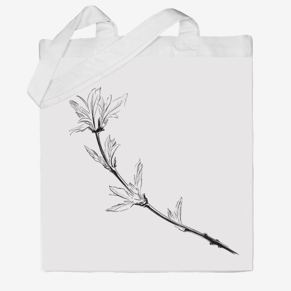 Сумка хб &laquo;Распускающиеся листья. Весна. Ветвь дерева. Черно-белая графика&raquo;