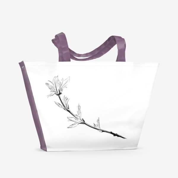 Пляжная сумка «Распускающиеся листья. Весна. Ветвь дерева. Черно-белая графика»