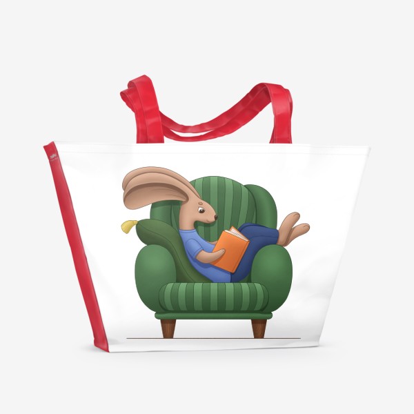 Пляжная сумка «Кролик читает книгу и сидит в кресле»