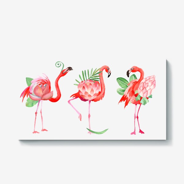 Холст &laquo;Красивые розовые фламинго в виде тропических цветов с листьями пальмы, прикольный летний принт, акварельные птицы&raquo;