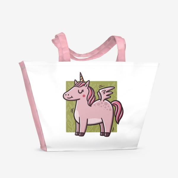 Пляжная сумка «Милый розовый единорог на фоне веточек»