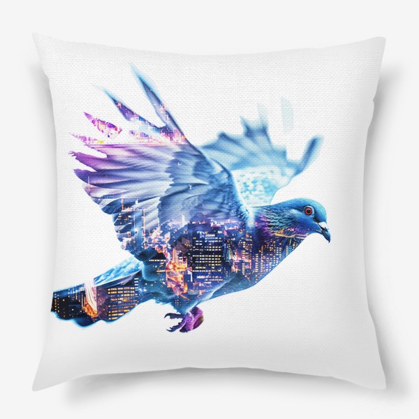 Подушка «Летящий голубь и ночной город с двойной экспозицией»