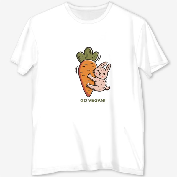 Футболка с полной запечаткой &laquo;Милый заяц обнимает морковку. Надпись. Go vegan! Подарок вегану&raquo;