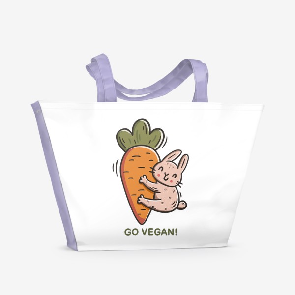Пляжная сумка «Милый заяц обнимает морковку. Надпись. Go vegan! Подарок вегану»